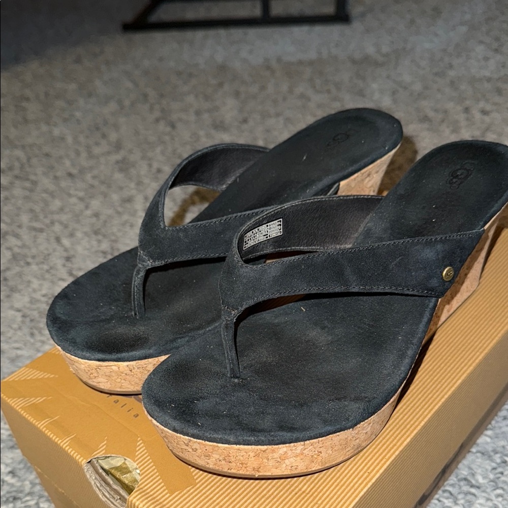 UGG Natassia Size 8 Black Suede Wedge Sandals